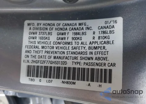 2016 Honda Civic Ex из США, поврежденный, VIN 2HGFC2F77GH531320